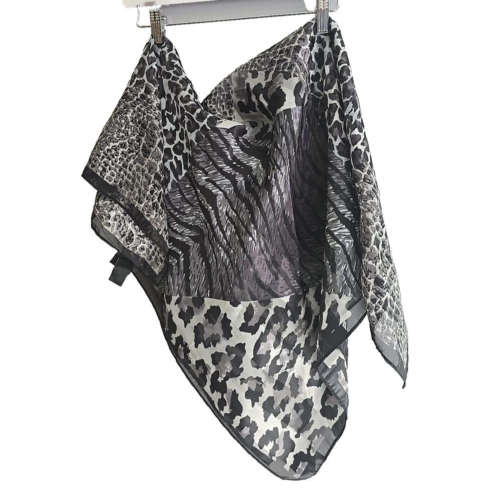 Cejon‎ Black Gray Animal Print Lighweight Semi-Sheer Wrap Scarf Womans 35"x35"